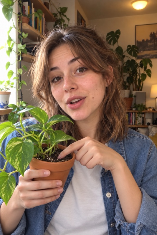 A woman pressing a finger into a potted plant's soil while talking to the camera, a generated image
